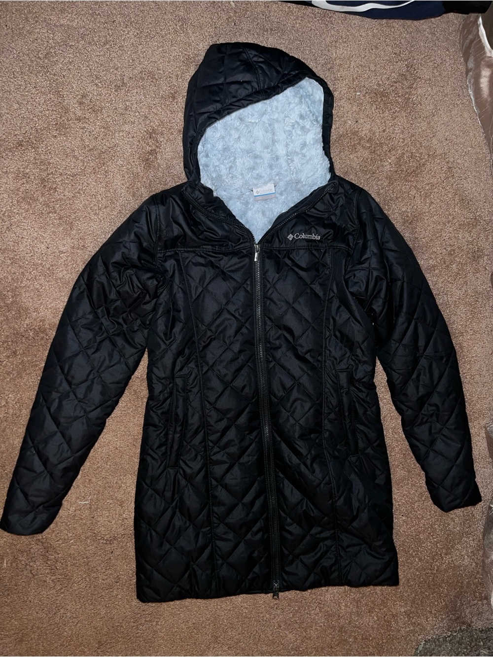 Columbia Black Quilted Hooded Puffer Coat with Light Gray Lining